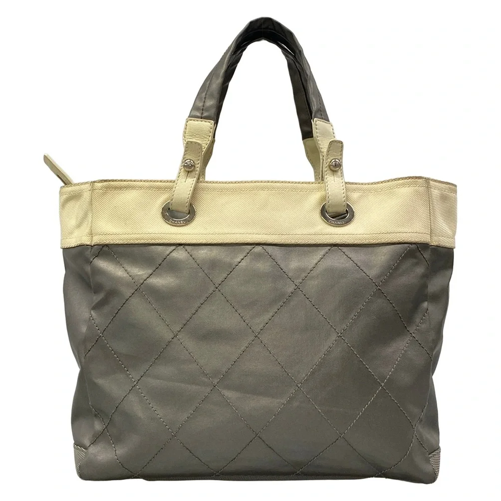 Chanel Paris Biarritz Tote MM Tote Bag Dark Gray Cream Coated Canvas Nylon
